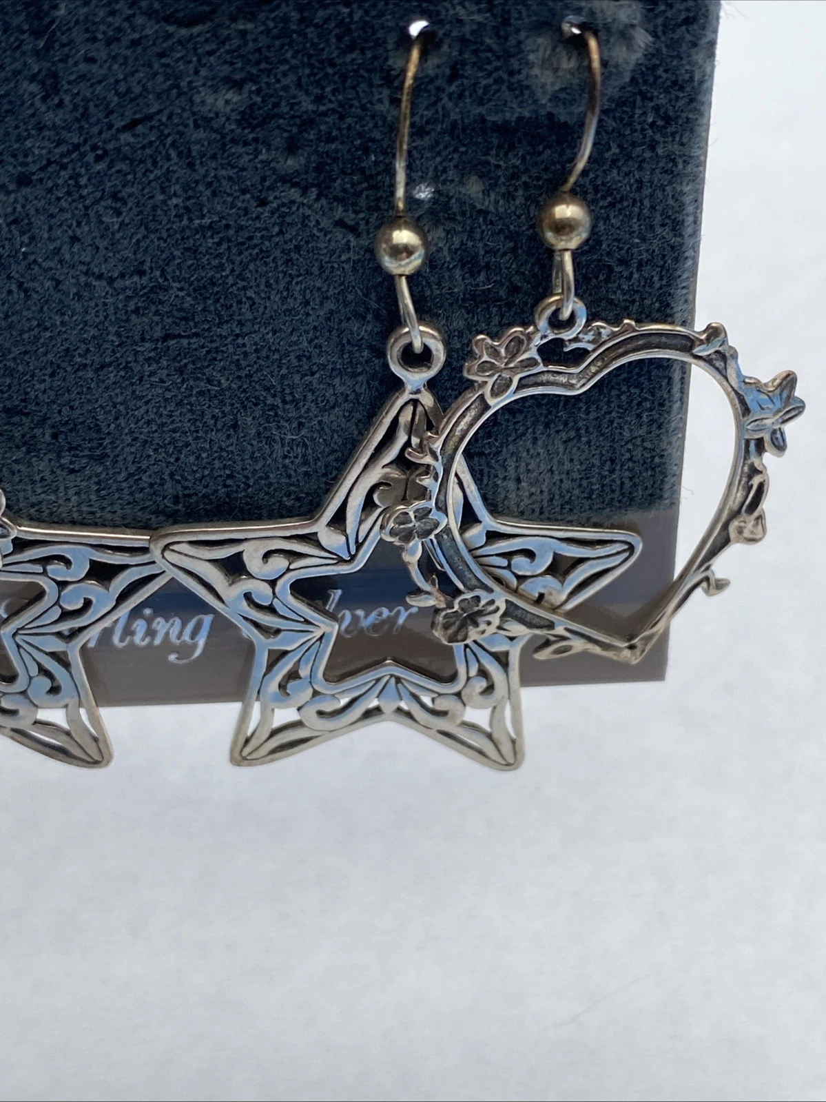Vintage Jezlaine Sterling Silver Heart & Star Dangle Earrings 2 Pair Set NOS - Image 6