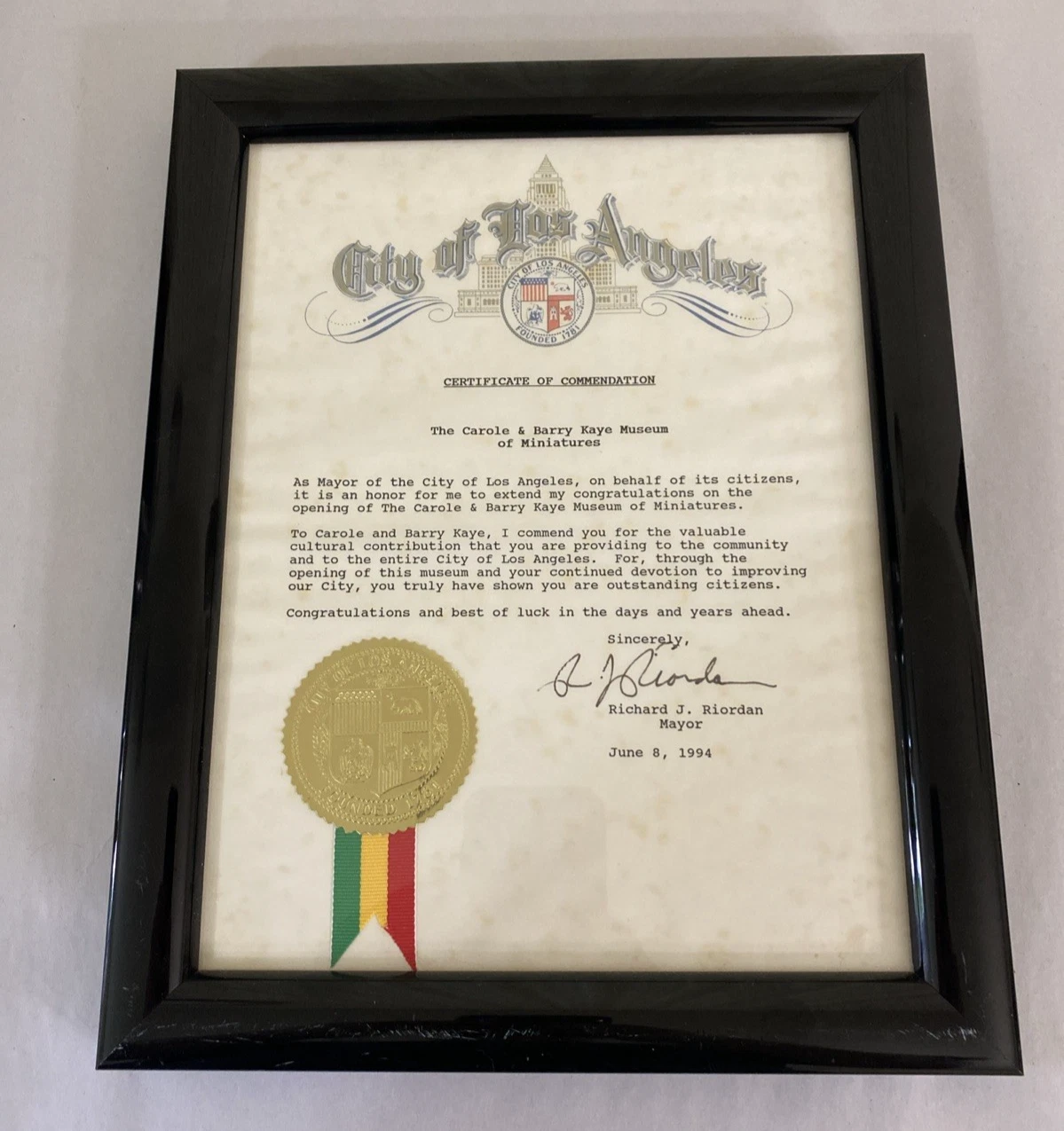 City of Los Angeles 1994 Commendation Signed by Mayor Richard Riordan