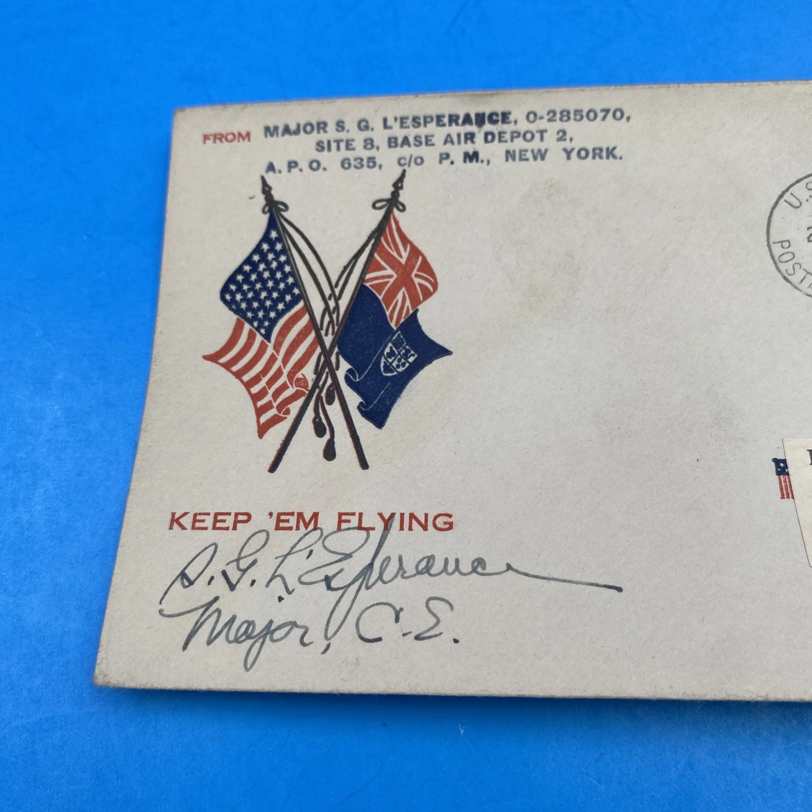 1945 APO 635 BAD-2 Warton WWII Patriotic Cover Keep ’Em Flying 3¢ Prexie Bartley - Image 2