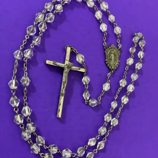 Vintage Bicone Opaque Faceted Glass Rosary, Virgin Mary Jesus Italy Christianity