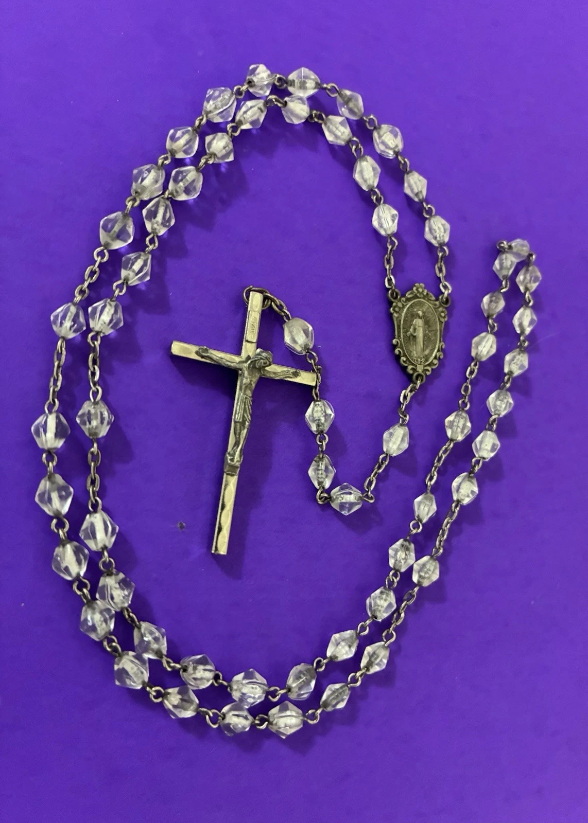 Vintage Bicone Opaque Faceted Glass Rosary, Virgin Mary Jesus Italy Christianity