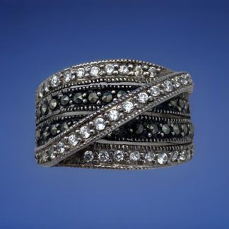 925 Thailand Sterling Silver CZ Marcasite Crossover Band Ring Size 9
