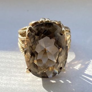 Vintage Oval Faceted Modernist Smokey Quartz 14K Gold Wire Setting Ring 11.6g