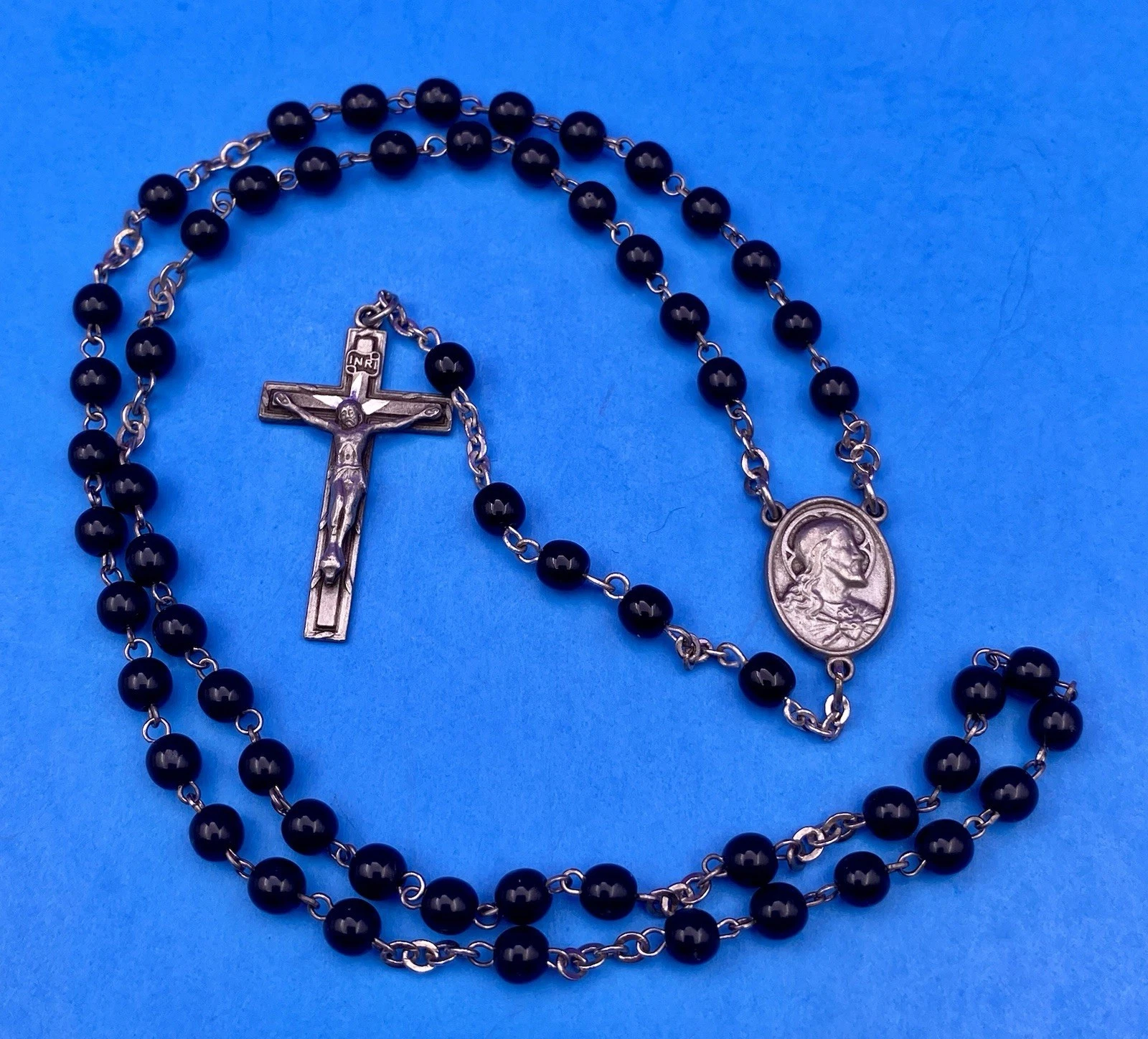 Vintage Beautiful Black Glass Petite Rosary, Jesus, Pewter, Christianity, 15” - Image 4