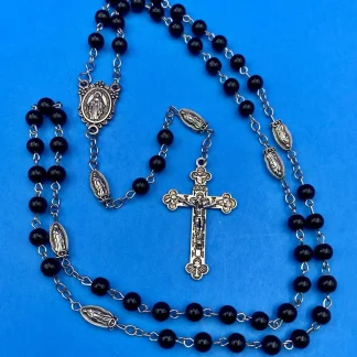 Vintage Black Round Glass Bead Rosary, Virgin Mary, Italy, Christianity 21.5”