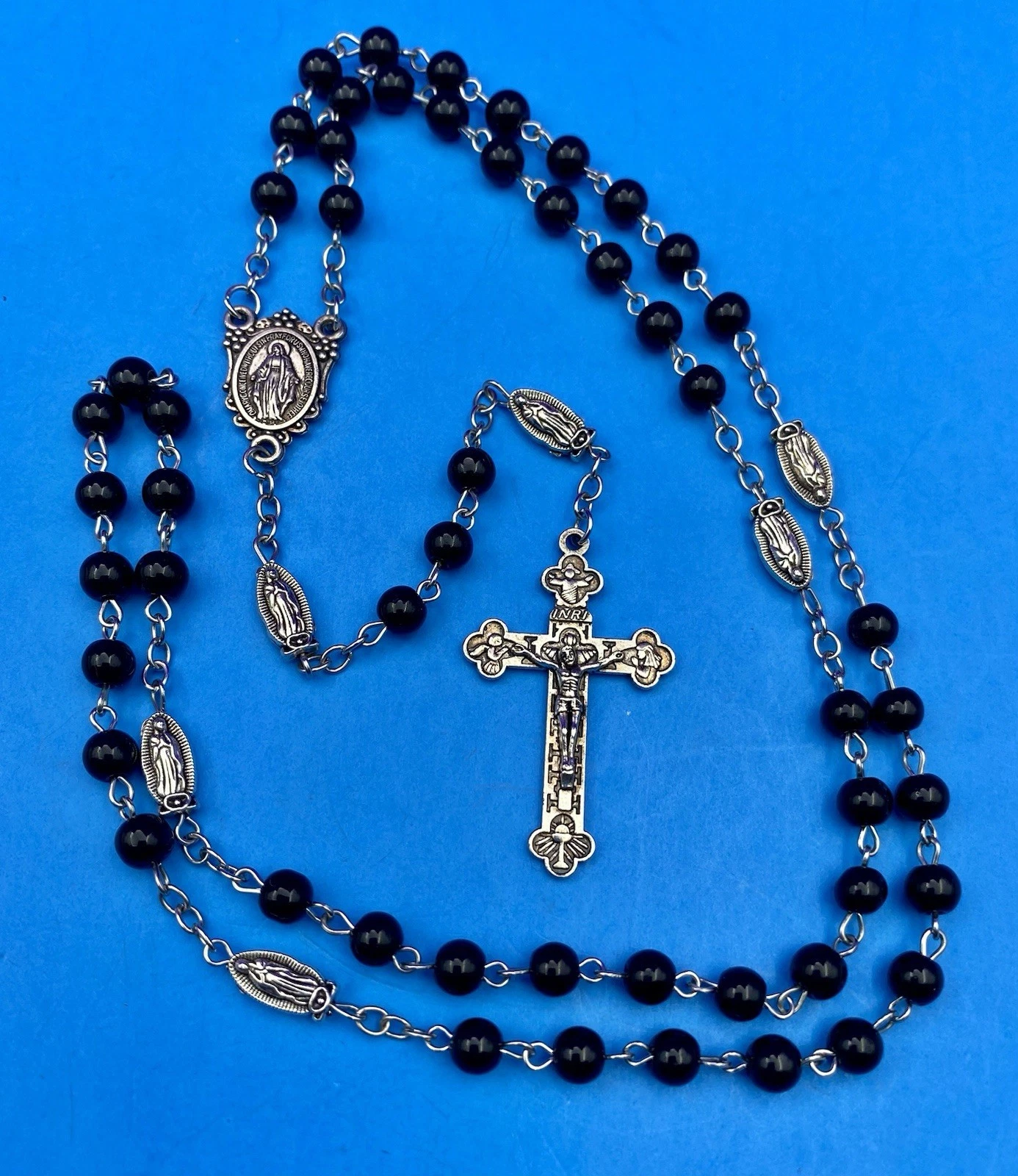 Vintage Black Round Glass Bead Rosary, Virgin Mary, Italy, Christianity 21.5”