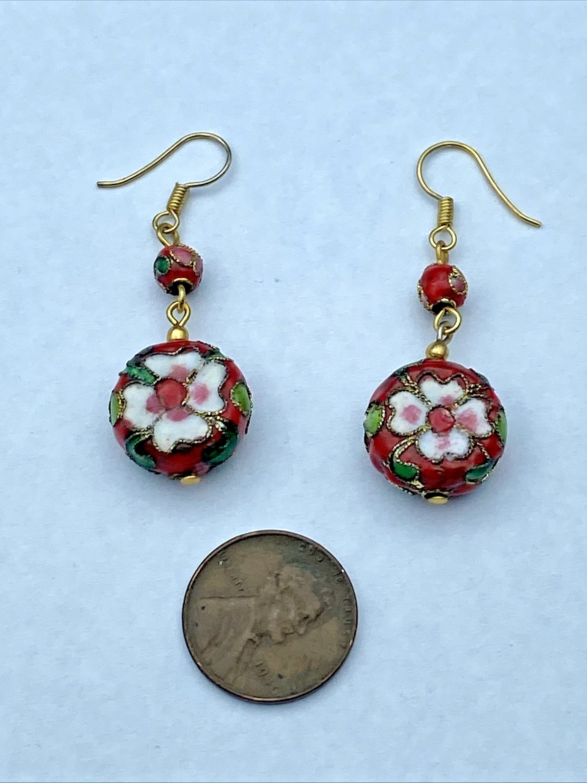 Vintage Red Cloisonne Floral Bead Dangle Earrings Gold Tone Chinese Style - Image 2