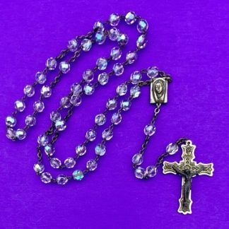Vtg Aurora Borealis Crystal Faceted Glass Rosary ITALY, Virgin Mary Christianity
