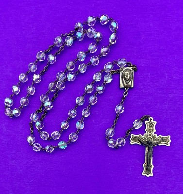 Vtg Aurora Borealis Crystal Faceted Glass Rosary ITALY, Virgin Mary Christianity