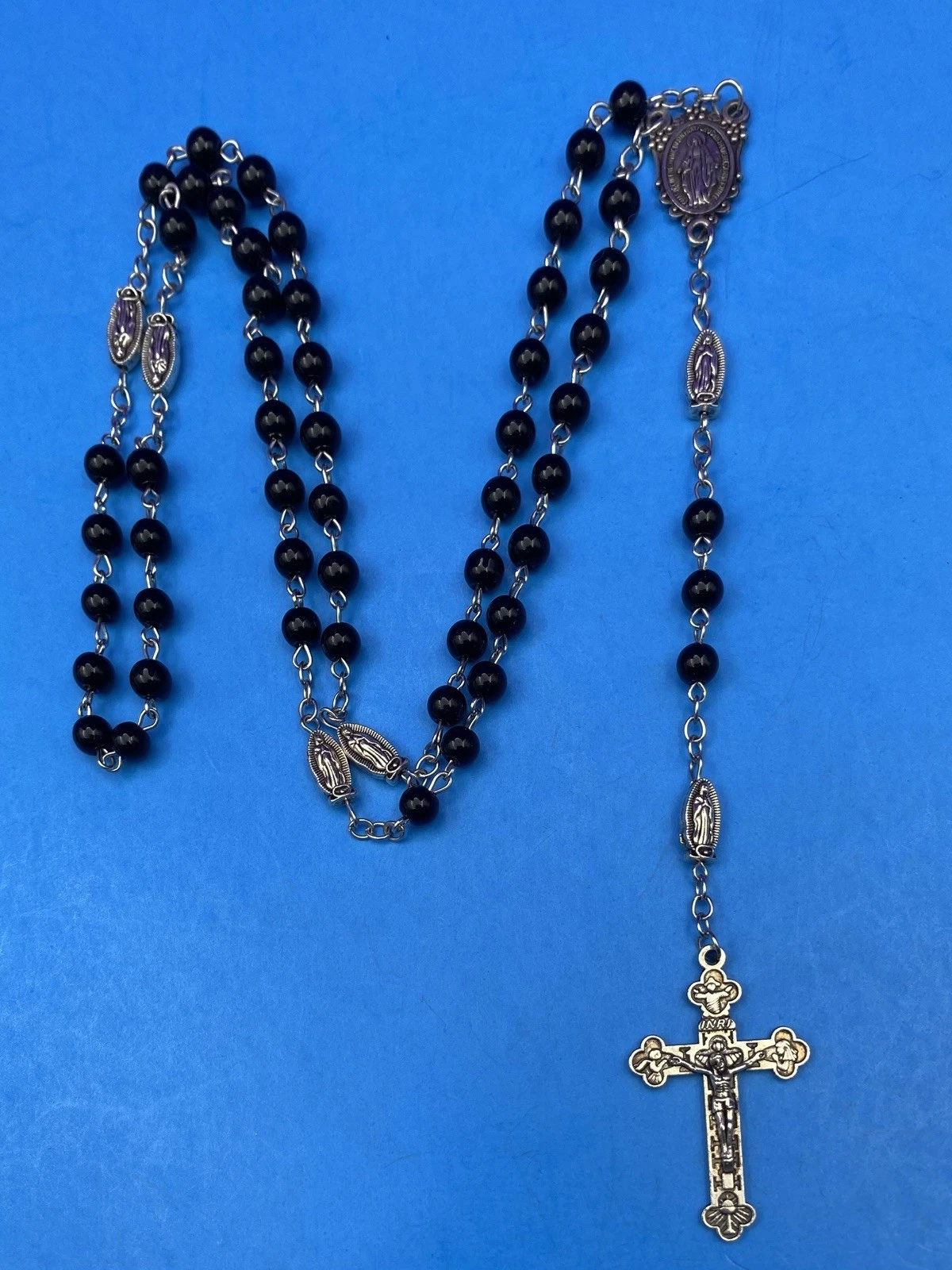 Vintage Black Round Glass Bead Rosary, Virgin Mary, Italy, Christianity 21.5” - Image 9