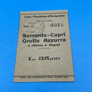 1913 Sorrento Capri Grotta Azzurra Naples Luxury Steamship Ticket Italy