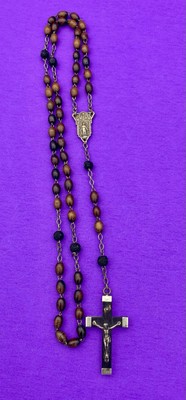 Antique Vintage Ebony Wood Bead Rosary, Virgin Mary, Jesus, FRANCE, Christianity - Image 6