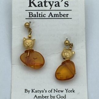 Katya's Vintage Genuine Baltic Amber Cat Earrings Gold Tone Cats