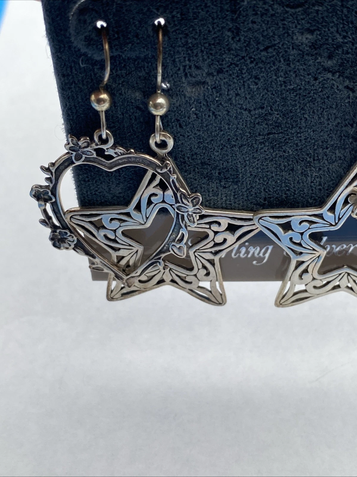Vintage Jezlaine Sterling Silver Heart & Star Dangle Earrings 2 Pair Set NOS - Image 7
