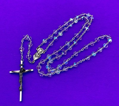 Vtg Aurora Borealis Crystal Faceted Glass Rosary ITALY, Virgin Mary Christianity - Image 2