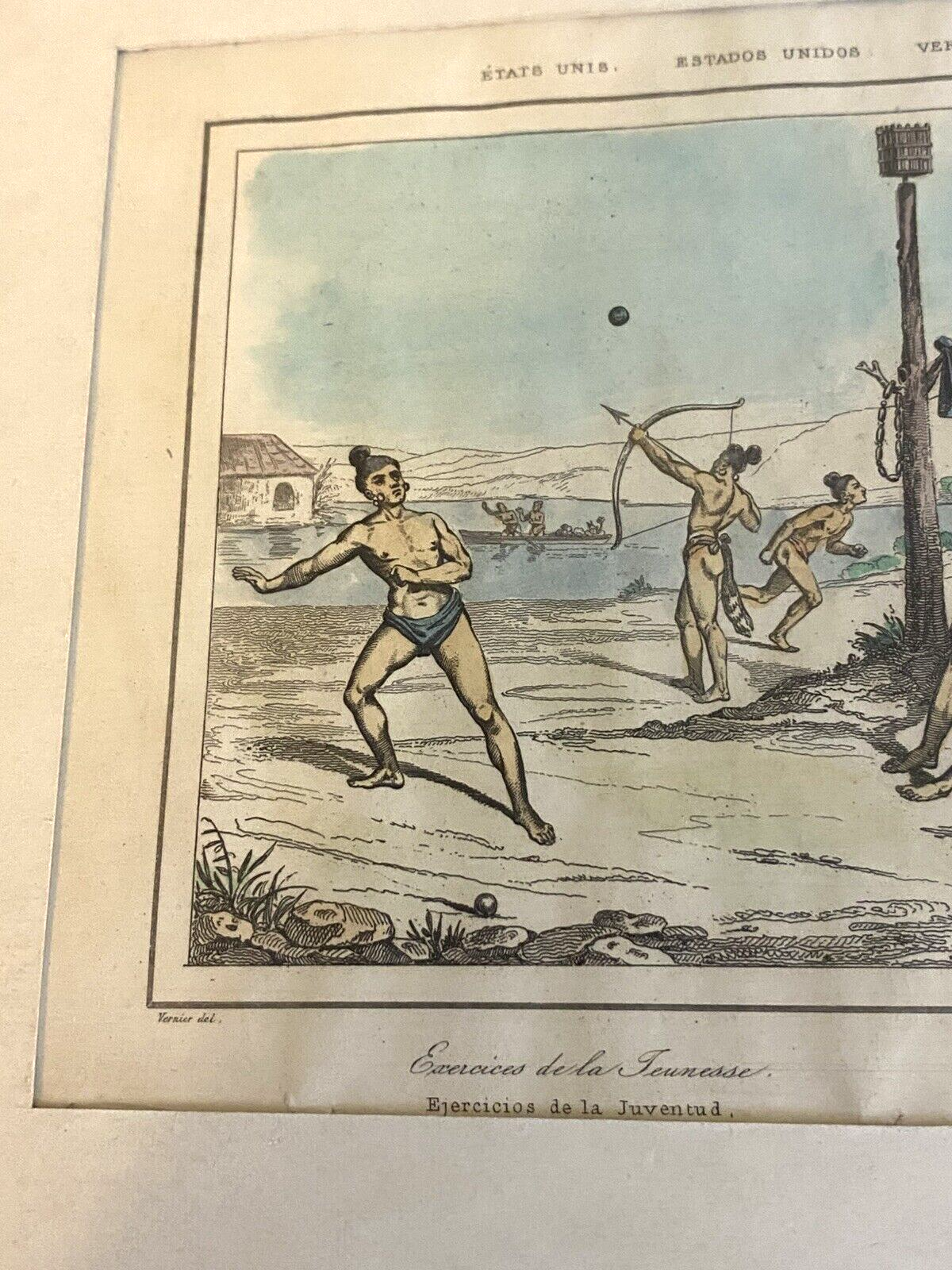American Indians Training of the Warriors - Exercises - Colored Engraving 1841 - Image 4