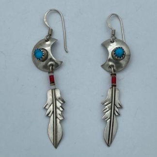 Vintage Navajo Nel J. Sterling Silver Turquoise & Coral Dangle Feather Earrings