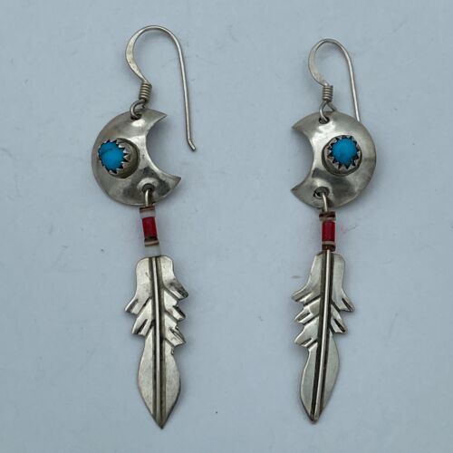 Vintage Navajo Nel J. Sterling Silver Turquoise & Coral Dangle Feather Earrings