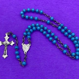 Vtg Blue Round Glass Beads Petite Rosary, Virgin Mary, France, Christianity, 14”