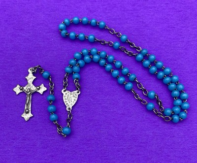 Vtg Blue Round Glass Beads Petite Rosary, Virgin Mary, France, Christianity, 14”