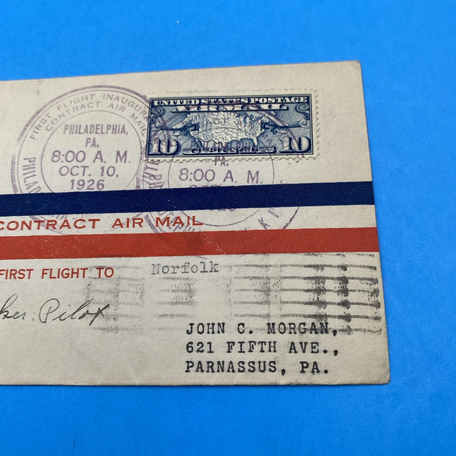 1926 CAM-15 First Flight Phila–Norfolk Gorham Cachet C7, Signed Alton N. Parker - Image 3