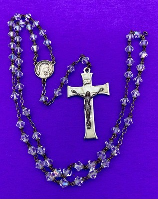 Vtg Aurora Borealis Crystal Bicone Faceted Glass Petite Rosary, MOP Crucifix,15” - Image 5