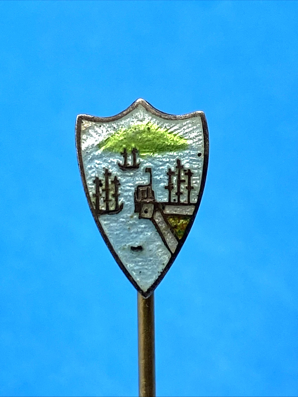 Ships & Sunset - Antique Guilloche Enamel & Sterling Silver Stick Pin