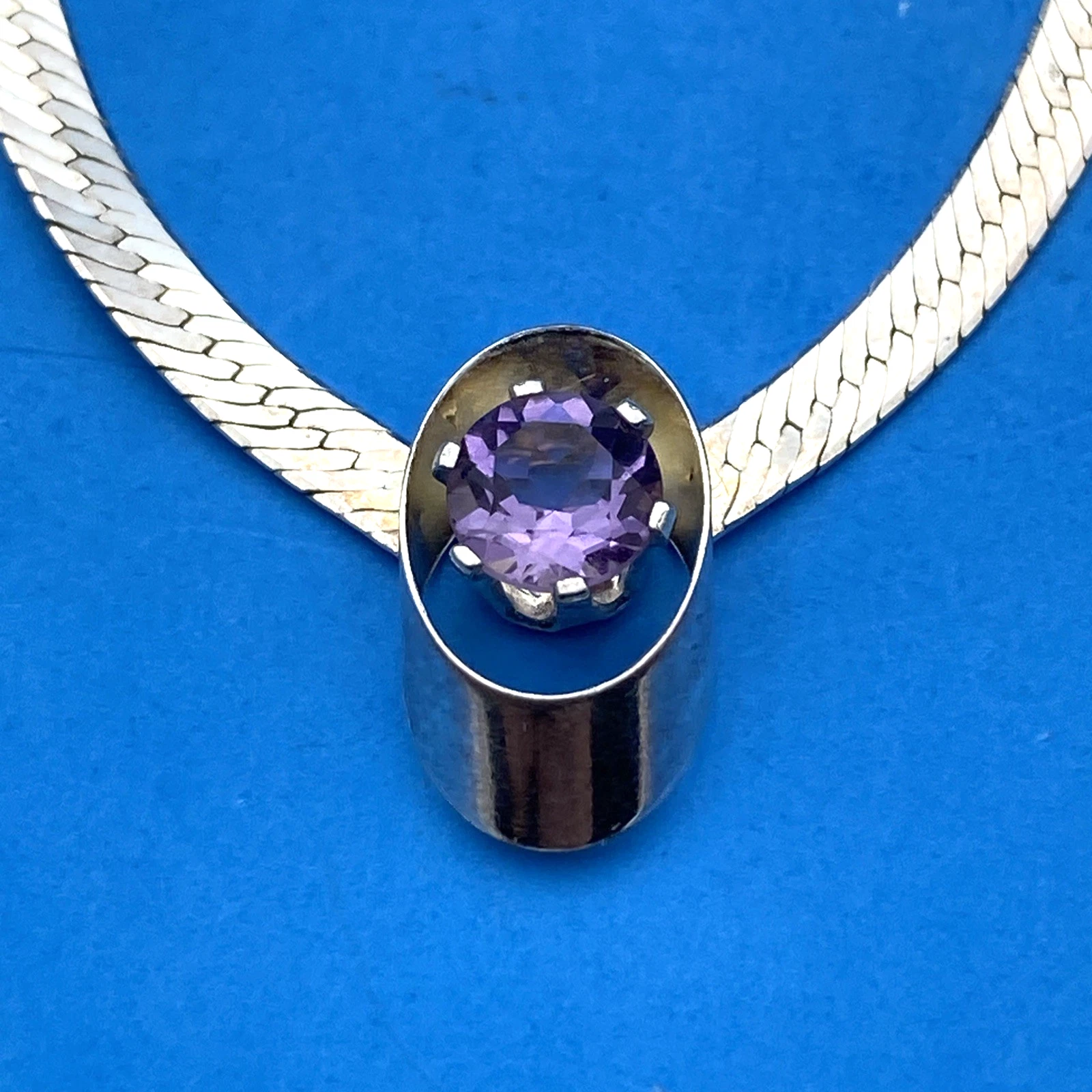 925 Italy SU Herringbone Chain Necklace 16in Fixed Purple Oval Gem Stone Pendant - Image 2