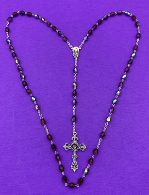 Vtg Claudio Cipolletti Red Aurora Borealis Crystal Faceted Glass Rosary, ITALY - Image 4