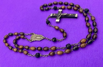 Antique Vintage Ebony Wood Bead Rosary, Virgin Mary, Jesus, FRANCE, Christianity - Image 4