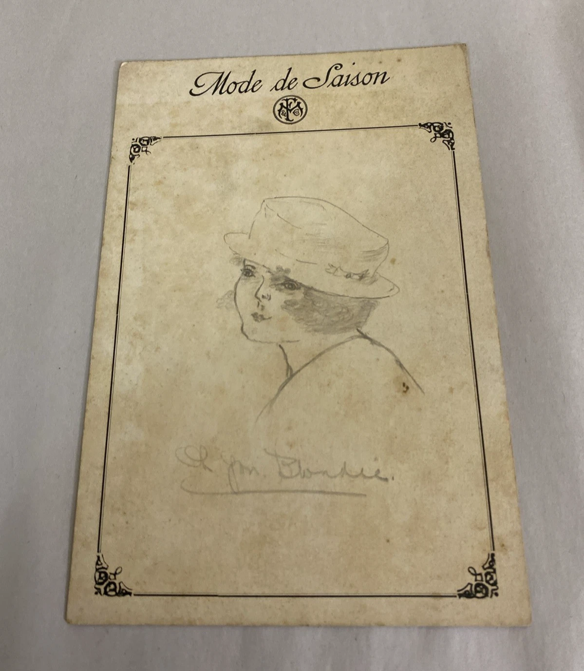 Mode de Saison Original Pencil Fashion Portrait on Printed Card c1920s
