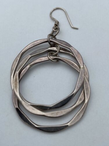 Hammered Hoops sterling silver triple hoop vintage drop artisan earrings 12.1g. - Image 3