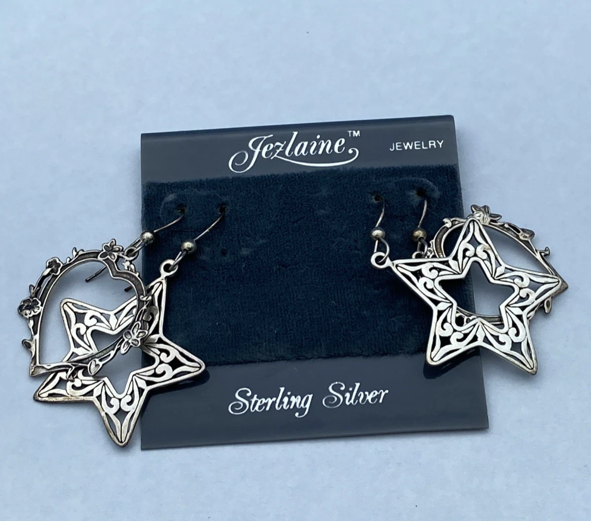 Vintage Jezlaine Sterling Silver Heart & Star Dangle Earrings 2 Pair Set NOS - Image 3
