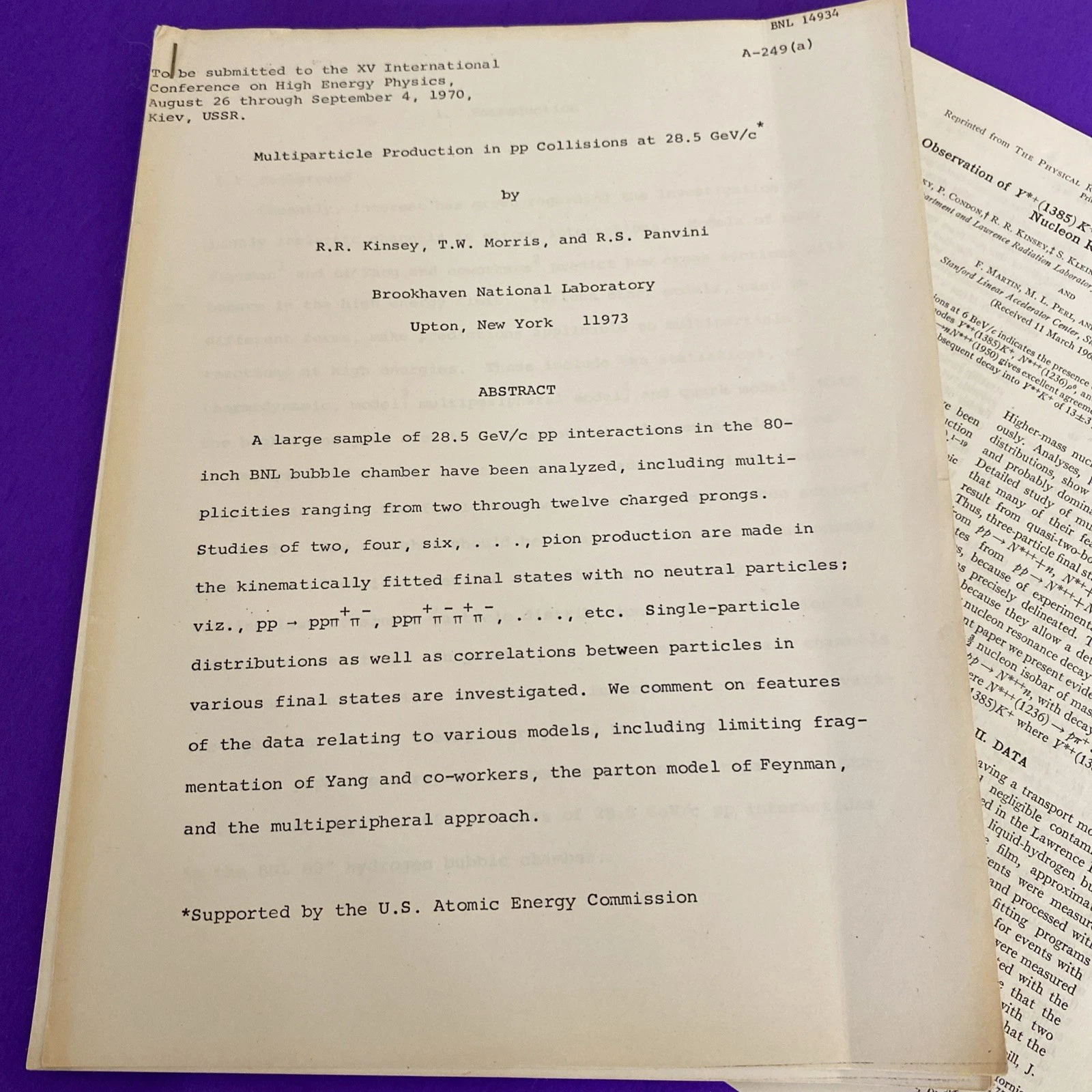 1970 Brookhaven High Energy Physics Preprint & 1968 Physical Review Offprint Lot - Image 2
