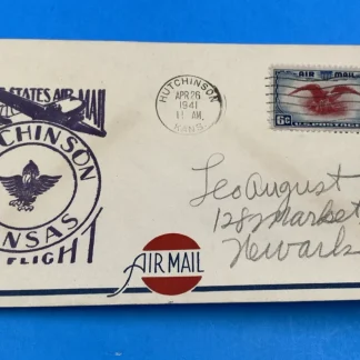 1941 Hutchinson KS First Flight Airmail Cover C23 AM-43 Continental Airlines FFC