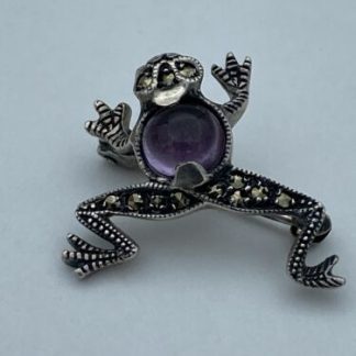 Vintage Sterling Silver Purple Amethyst and Marcasite Frog Pin Brooch