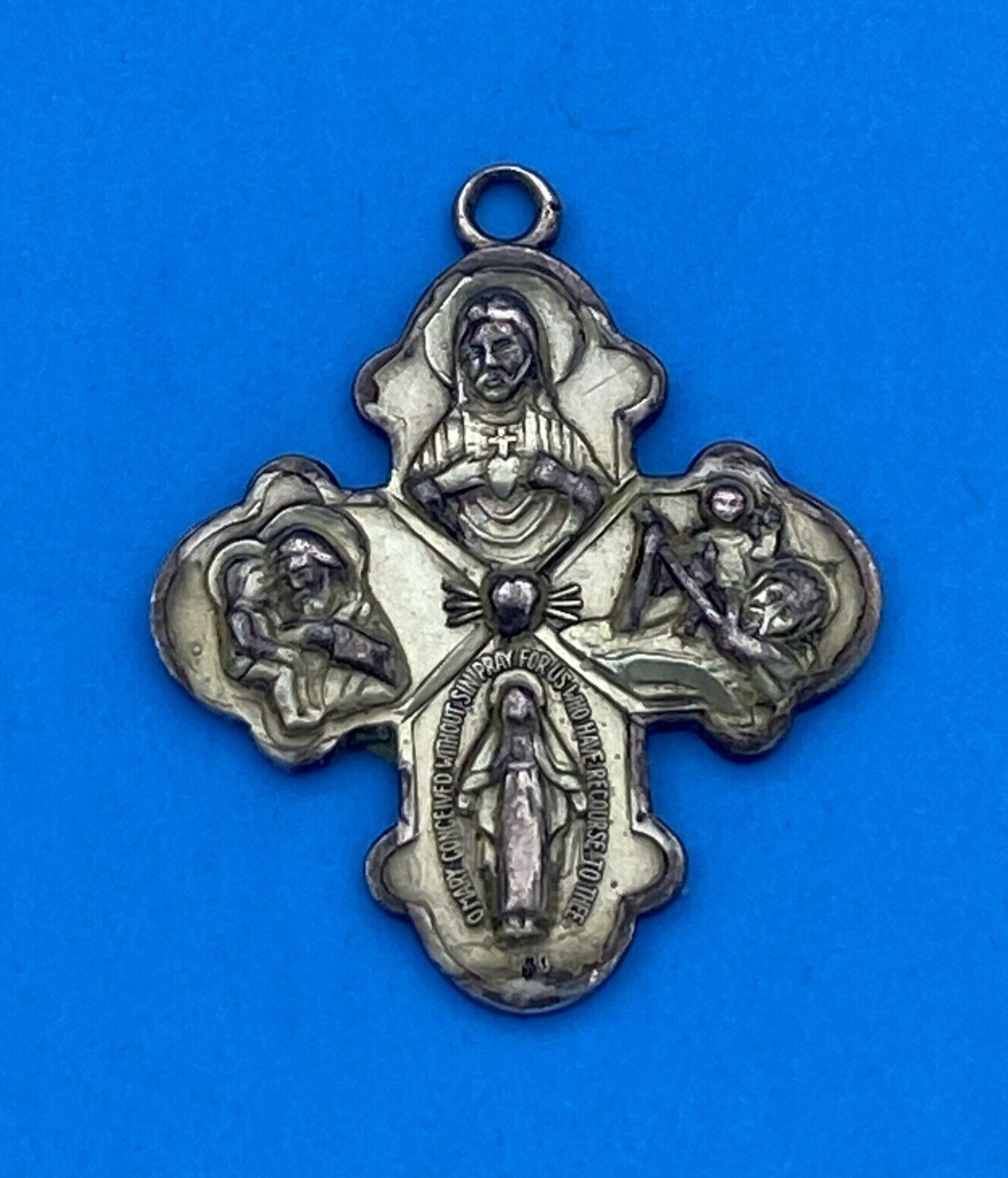 Vintage Catholic PPC Sterling Silver 4 Way Protection Cross Religious Medal