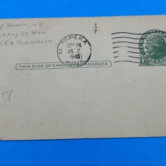 Harry H. Woodring Signed 1¢ Jefferson Postal Card, Topeka KS Cancel 7/2/1945 USA