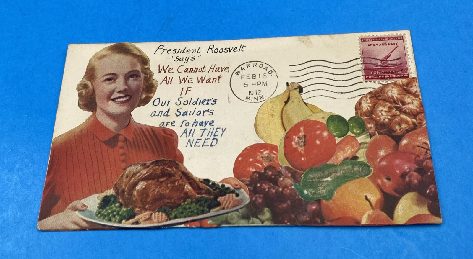 1942 WWII Paste-on Patriotic Cover FDR Rationing Quote, Scott 900 2c, Warroad MN
