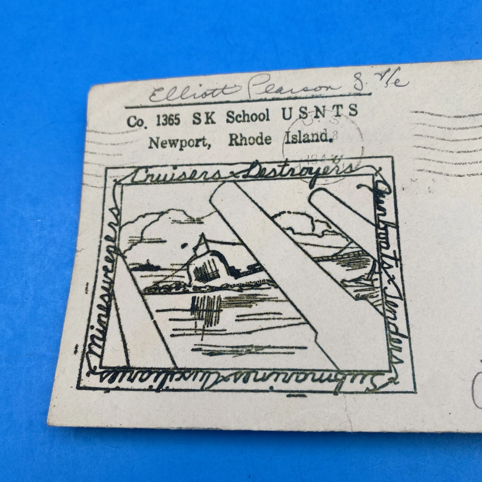 WWII USNTS Newport FREE Mail Cover w/ Thermograph Naval Guns Cachet, SK School - Image 2