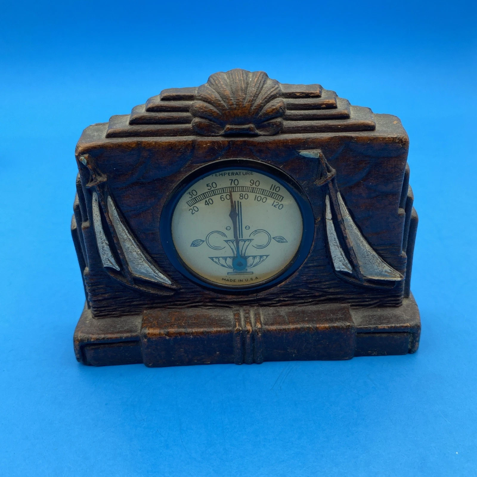 Syroco Art Deco Nautical Sailboat Desktop Thermometer 1930s Comp Wood USA Shells
