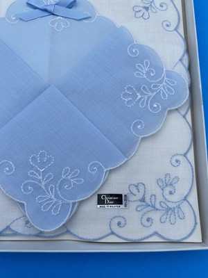 Vintage Christian Dior Handkerchief Set, Blue, White, floral embroidery, Wedding - Image 9