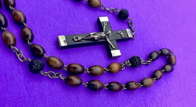 Antique Vintage Ebony Wood Bead Rosary, Virgin Mary, Jesus, FRANCE, Christianity - Image 8