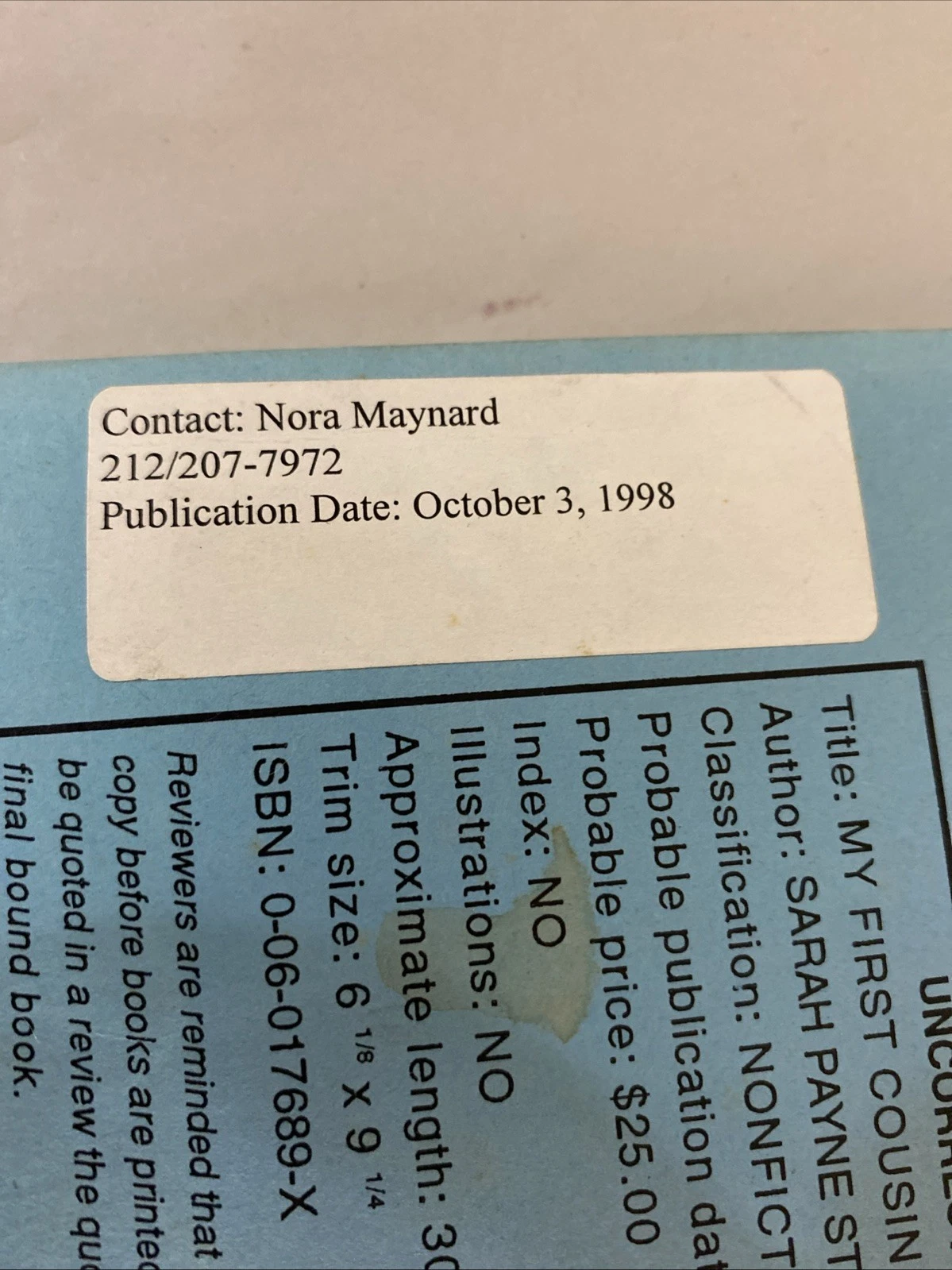 Uncorrected Proof ARC My First Cousin Once Removed Sarah Payne Stuart 1998 1stEd - Image 2