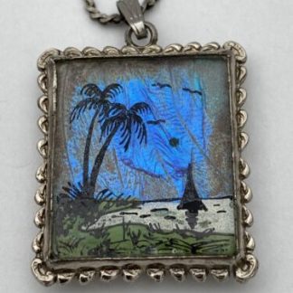 Vintage 1940'S Dual Tropical Scene & Sailing Ship Butterfly Wing Necklace