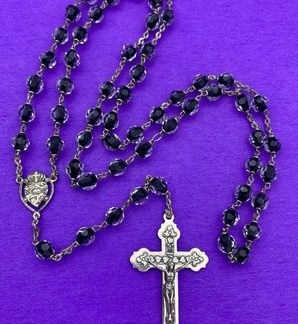Vtg Clear/Black Givre Faceted Glass Rosary, Sacred Heart, ROMA Sterling Catholic