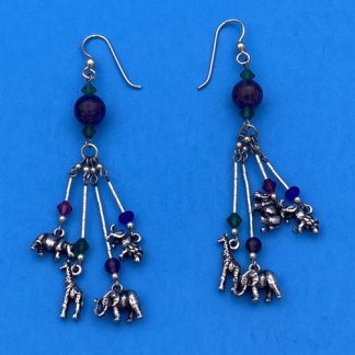 Vintage Sterling Silver Dangle Giraffe, Lion, Elephant, Hippo, Safari Earrings