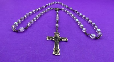 Vtg Aurora Borealis Crystal Faceted Glass Rosary ITALY, Virgin Mary Christianity - Image 5