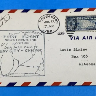 1928 CAM-27 First Flight Cover Signed by Postmaster J.N. Hunter, South Bend