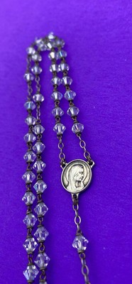 Vtg Aurora Borealis Crystal Bicone Faceted Glass Petite Rosary, MOP Crucifix,15” - Image 8